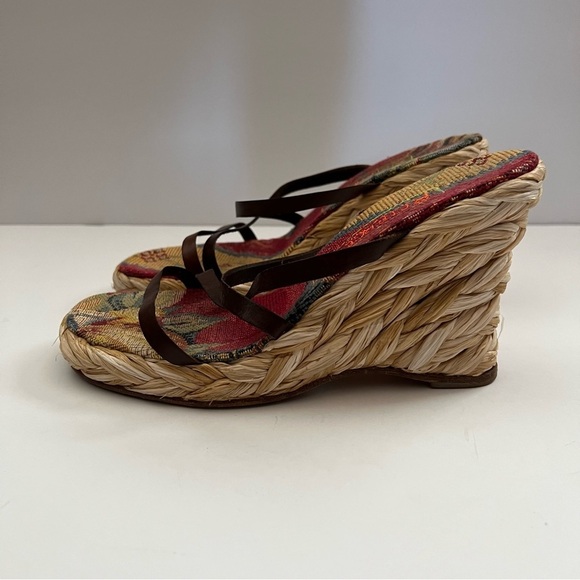 Robert Clergerie Brown Raffia Woven Wedge Heel Sandal - Picture 2 of 6